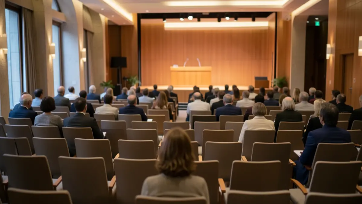 Generic image of a modern conference hall interior with rows of empty chairs facing a stage with microphones and a podium, soft ambient lighting, shallow depth of field, Canarias architectural style elements.