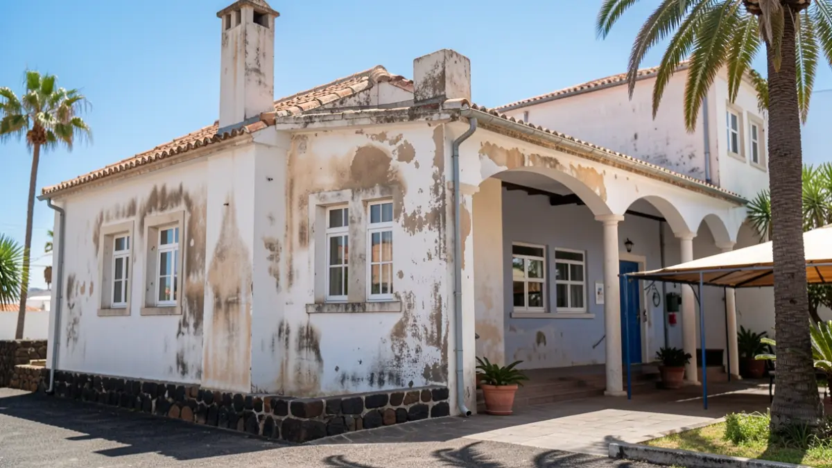 Fachada de un colegio en Haría con necesidad de mejoras para combatir el calor.