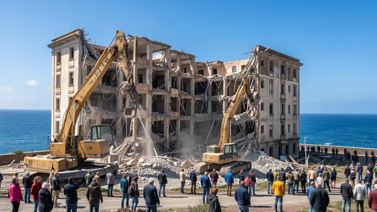 Imagen genérica de maquinaria de demolición trabajando en la estructura de un antiguo hotel junto al mar.