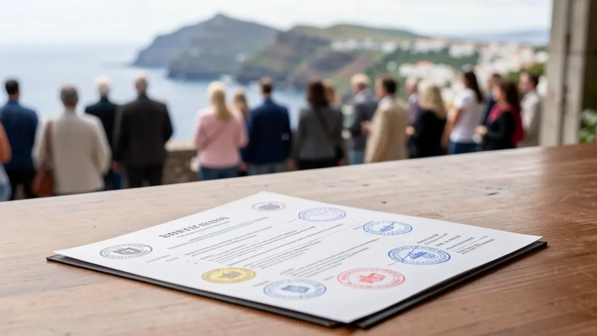 Generic image of an official document with stamps and letterheads, on a wooden desk with a blurred Canary Islands landscape in the background.