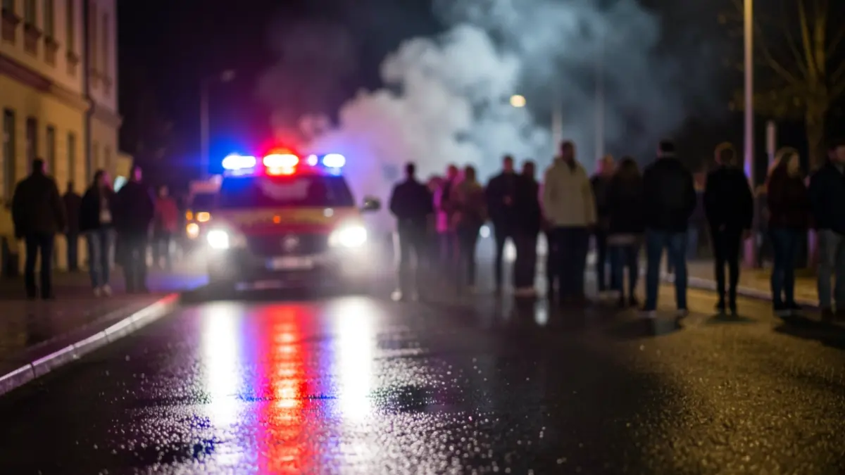Generic image of emergency lights reflecting on wet asphalt at night, with smoke in the background.