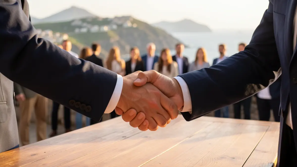 Generic image of a handshake over a wooden table, symbolizing a collaboration agreement.