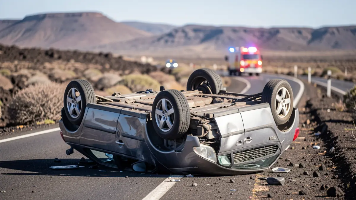Imagen genérica de un coche volcado en una carretera rural de Fuerteventura con paisaje volcánico.