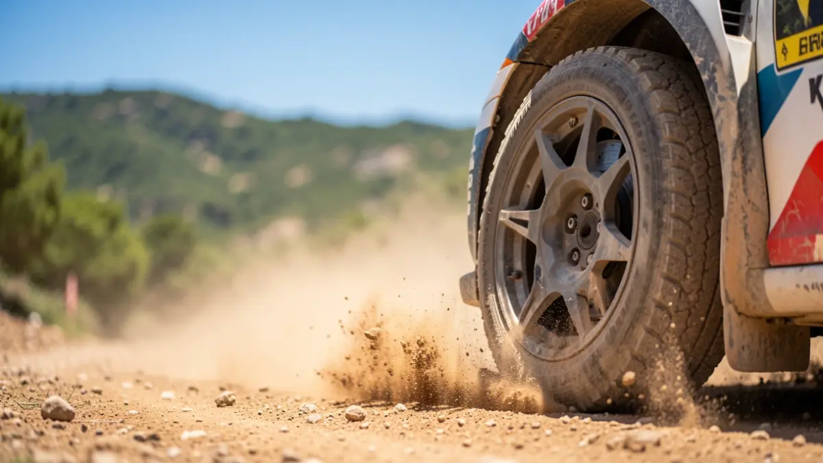 Generic image of a rally car on a dirt track, kicking up dust, with green hills and a blue sky in the background.