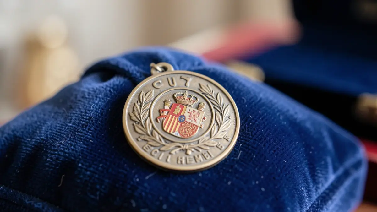 Imagen genérica de una medalla oficial sobre un cojín de terciopelo azul oscuro.