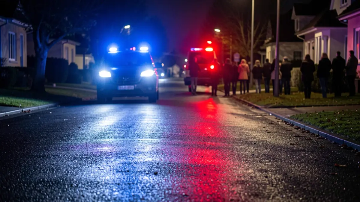 Imagen genérica de luces de emergencia policiales reflejándose en el asfalto mojado por la noche.