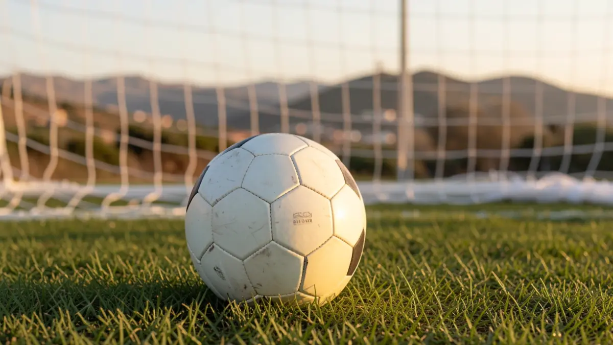 Generic image of a soccer ball on grass with a blurred goal net in the background.