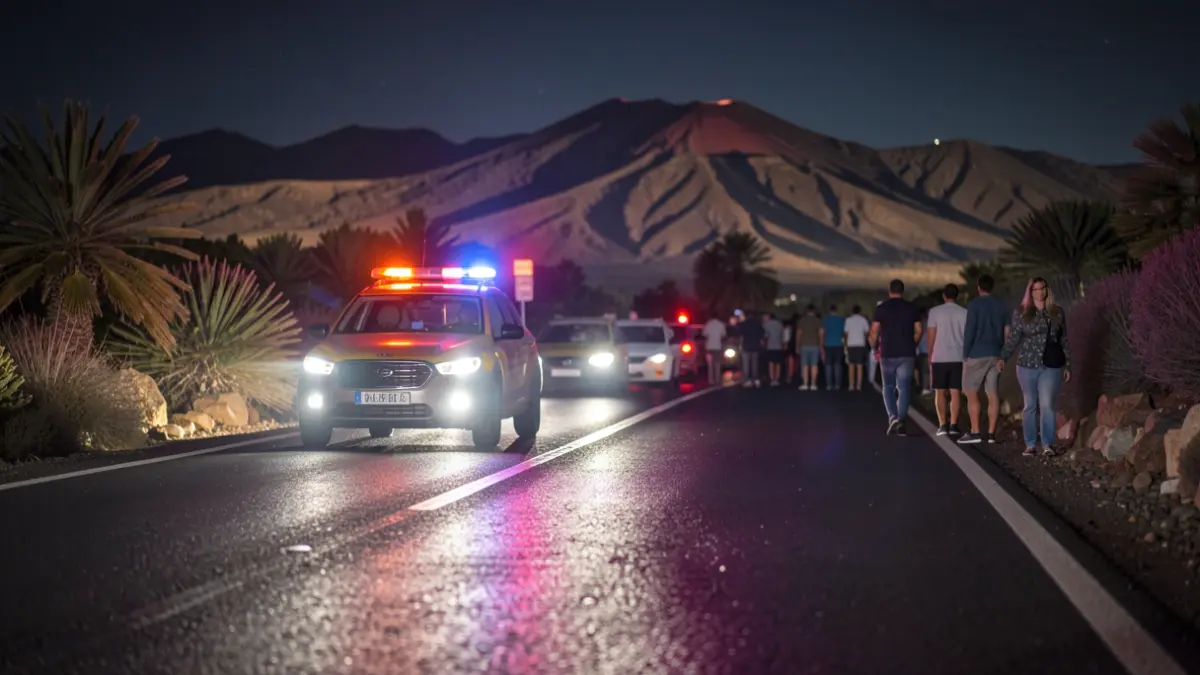 Generic image of emergency lights on a wet road at night in Gran Canaria.