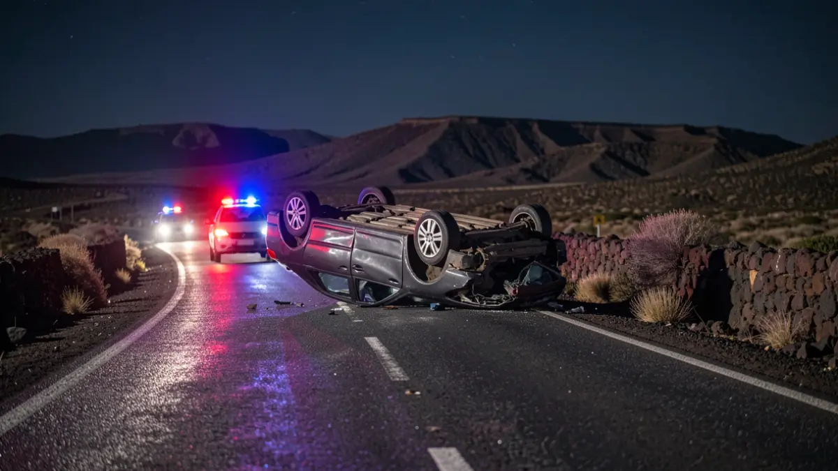 Generic image of a road traffic accident with an overturned vehicle on a rural road in Lanzarote at night, with emergency lights.