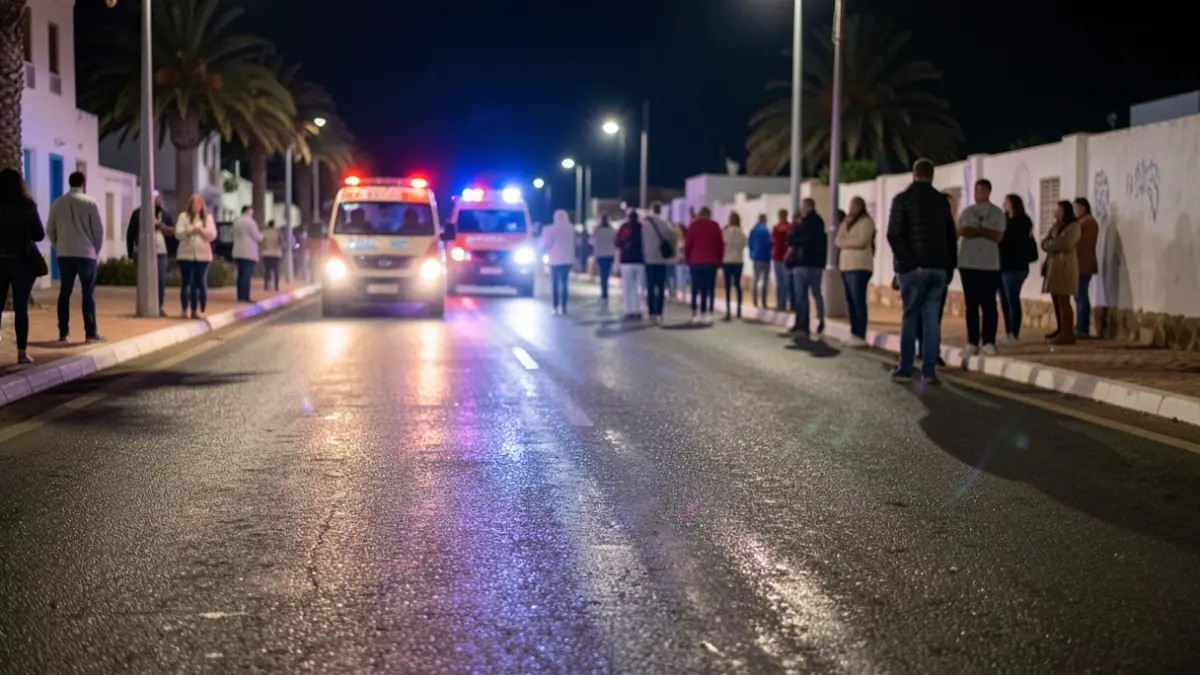 Imagen genérica de luces de emergencia reflejándose en asfalto mojado por la noche en Puerto del Rosario, Fuerteventura.