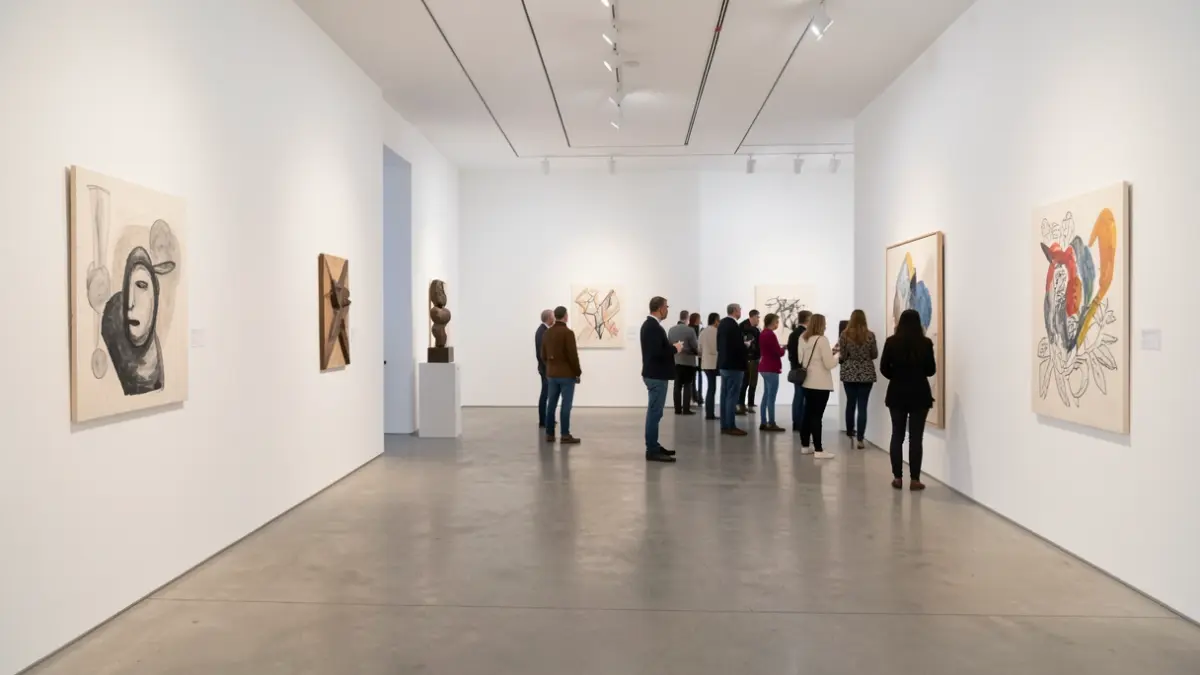 Generic image of a modern art gallery with abstract sculptures and drawings on the walls.