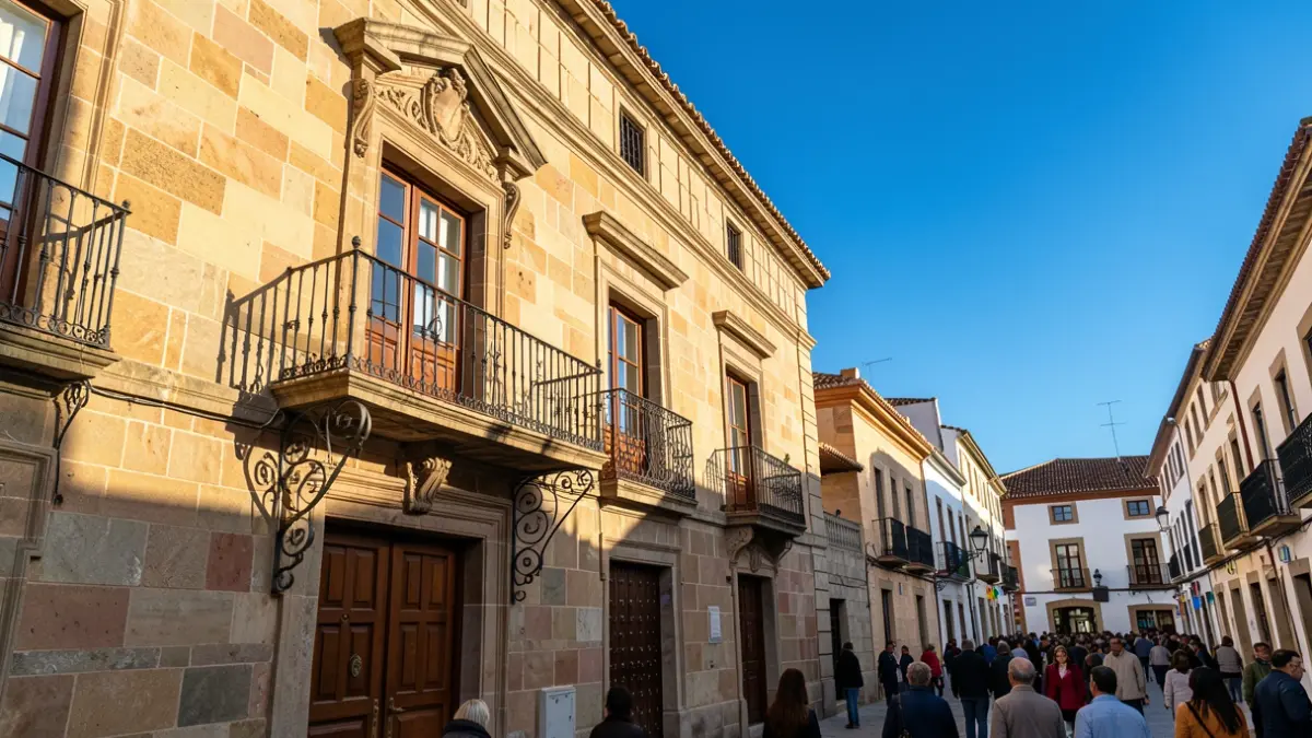 Generic image of a Canarias town hall facade with a balcony and iron railings, afternoon light.