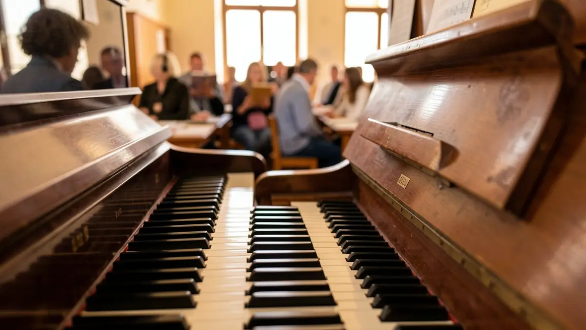 Imagen genérica de un teclado de piano vertical con un fondo desenfocado de un aula de escuela de música.