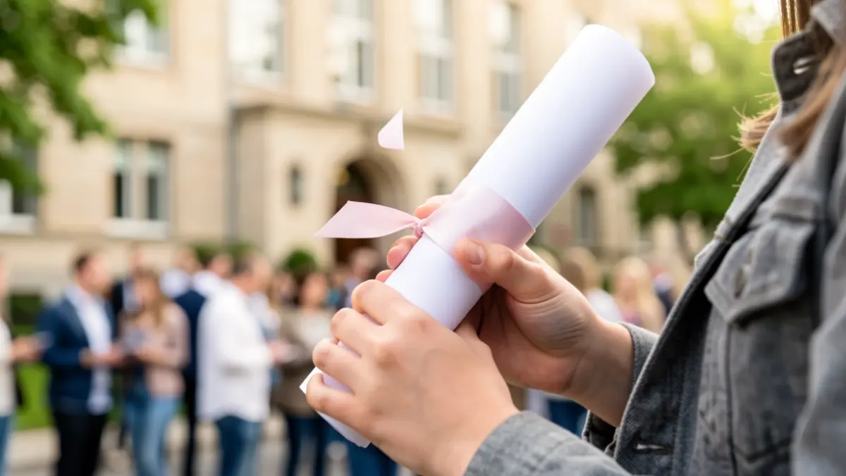 Generic image of young hands holding a diploma in front of an institutional building facade.