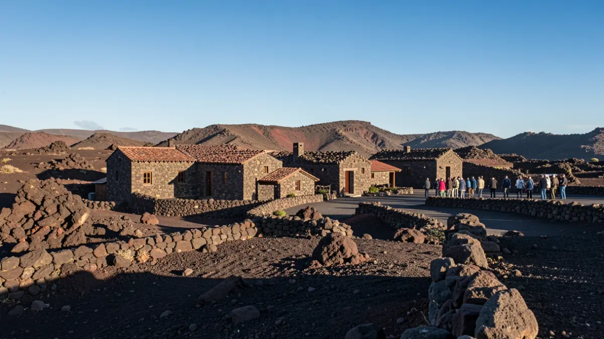 Generic image of traditional Canarian architecture integrated into a volcanic landscape under the afternoon sun.