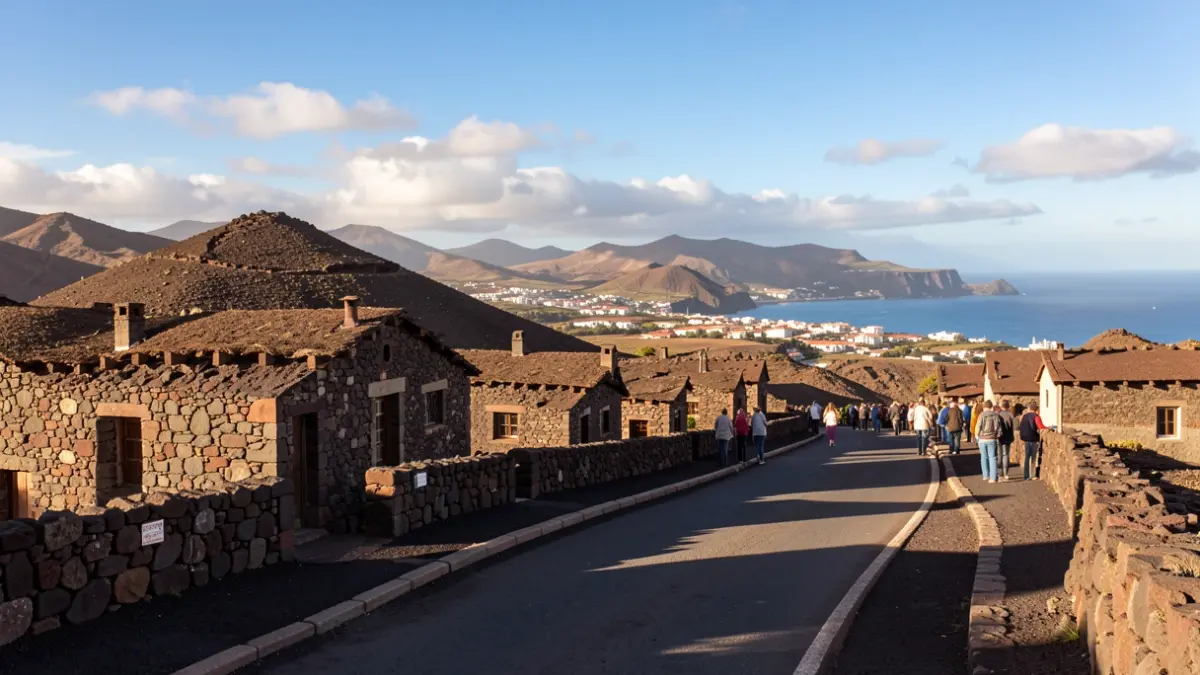 Generic image of a road in a Canarian volcanic landscape with traditional architecture.