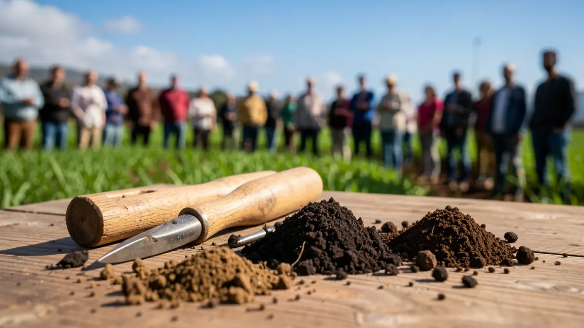 Generic image of agricultural tools and soil samples on a wooden table, with blurred green fields and blue sky in the background.