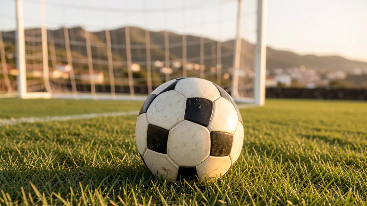 Generic image of a soccer ball on grass with a blurred goal net in the background.