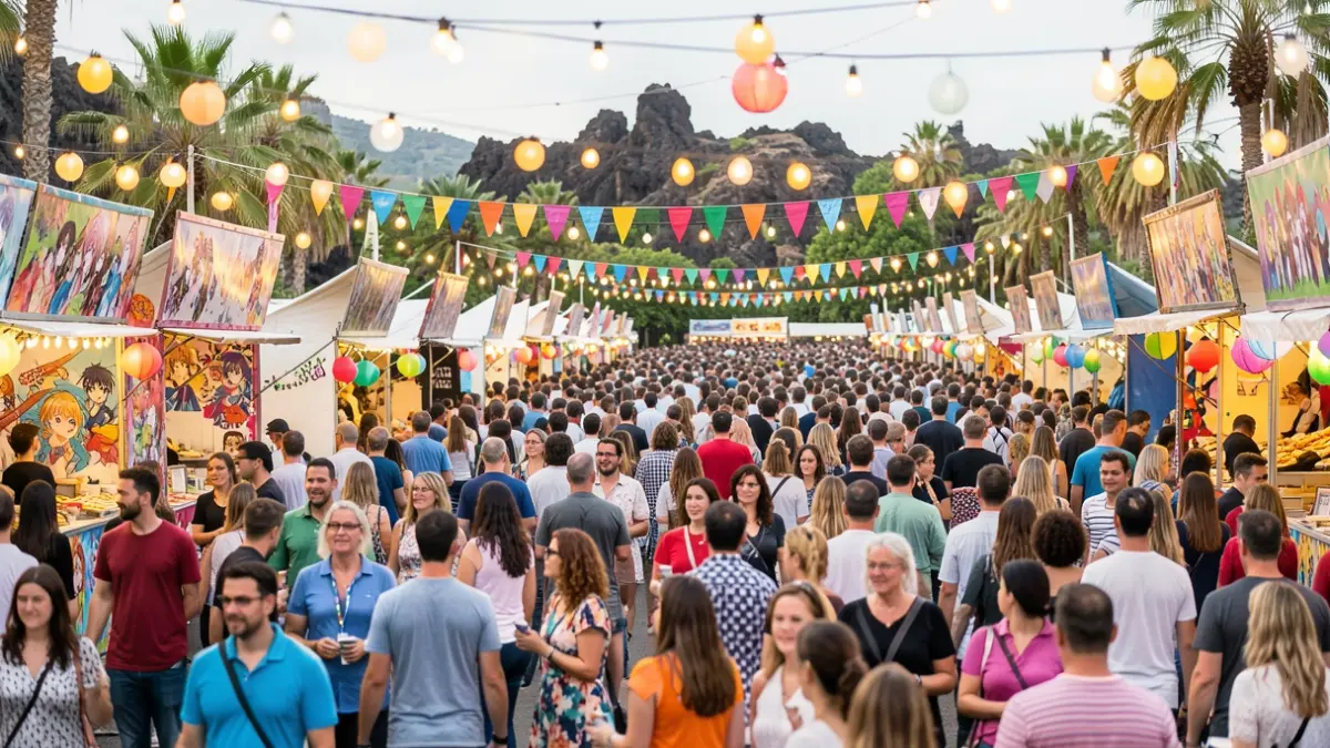 Generic image of a crowd enjoying a cultural festival with manga and anime elements, in a festive and colorful setting.