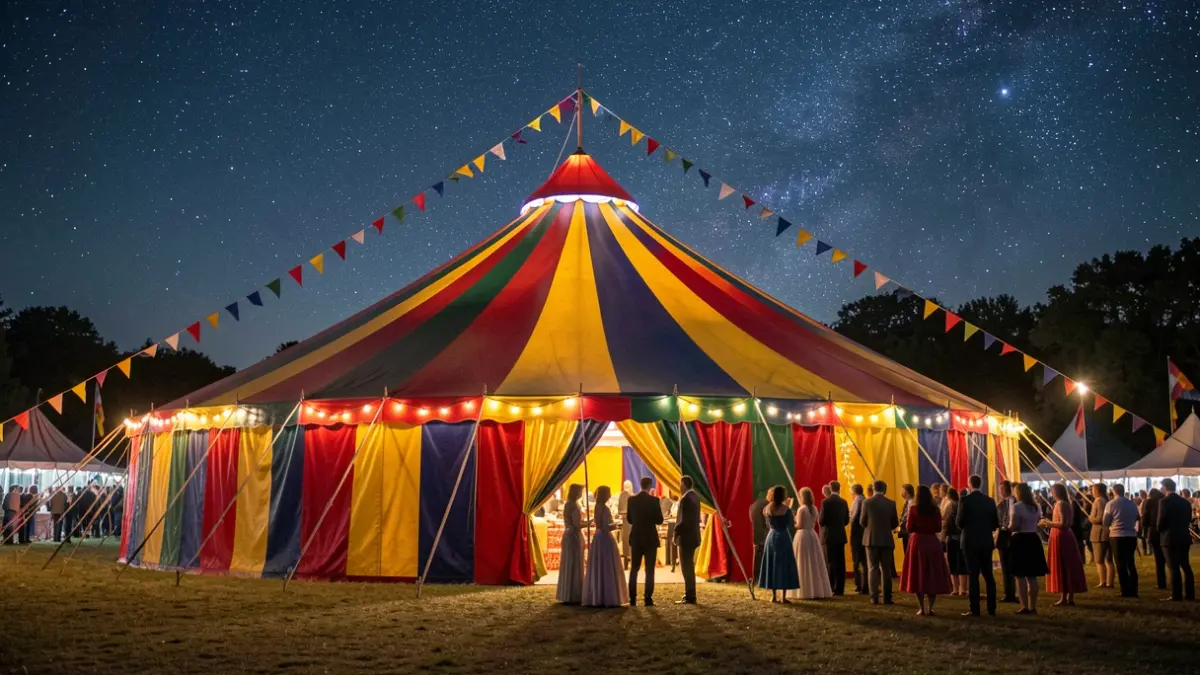 Imagen genérica de una carpa de circo colorida bajo un cielo estrellado.