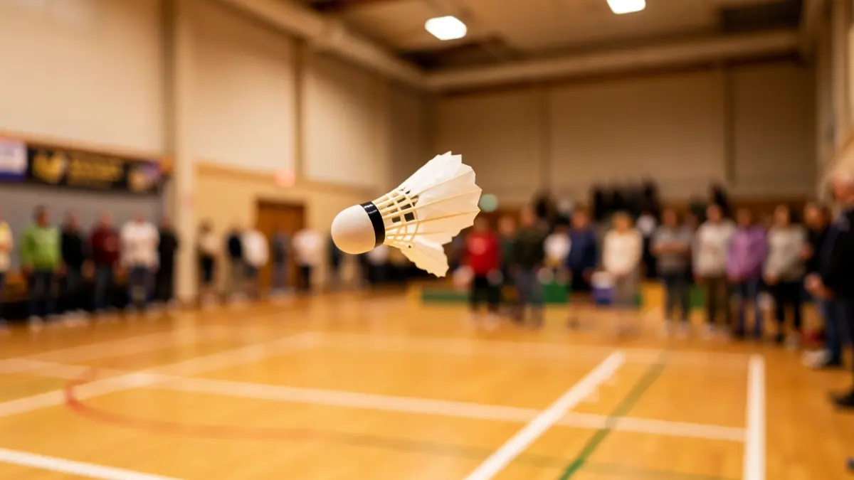 Generic image of a badminton shuttlecock in the air over a sports court.