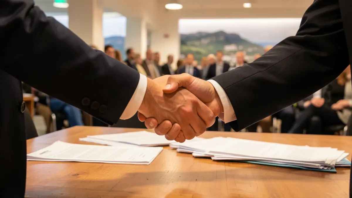 Generic image of two hands shaking over a desk with blurred paperwork.