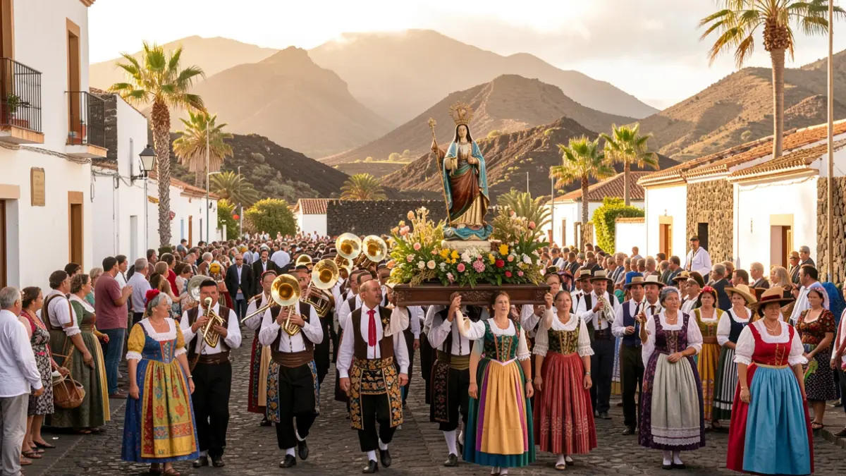 Generic image of a religious procession in a Canary Islands village square with an image of the Virgin, a music band, and residents in traditional costumes.
