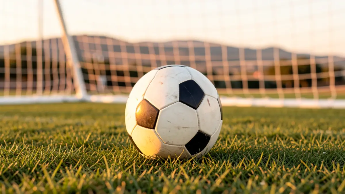 Imagen genérica de un balón de fútbol sobre césped con la red de portería desenfocada al atardecer.
