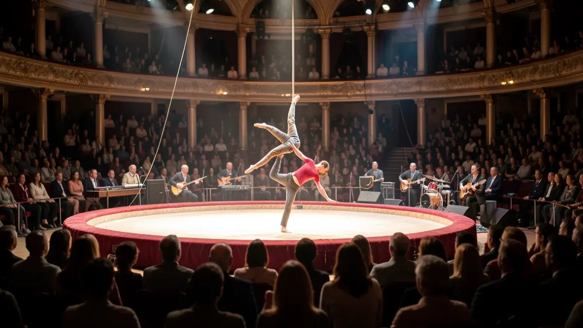 Generic image of a contemporary circus performance with acrobatic elements and live music in a grand theater.