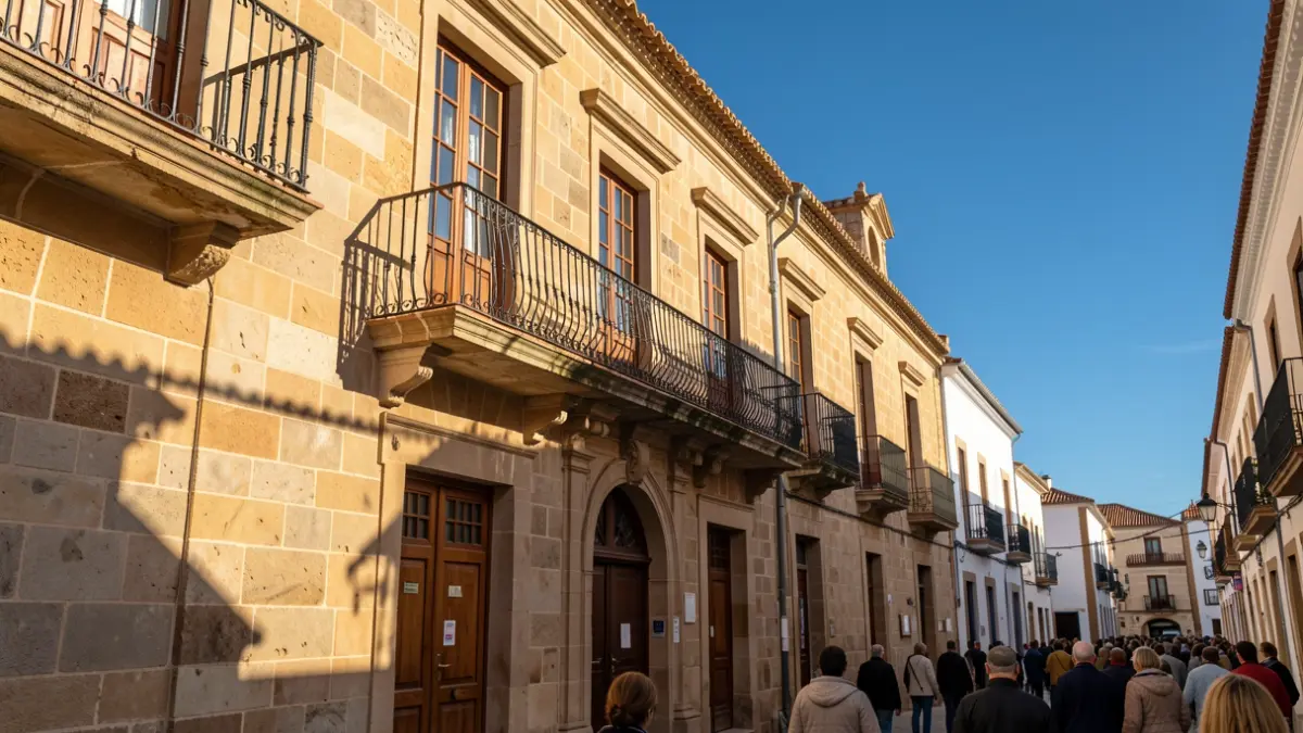 Imagen genérica de la fachada de un ayuntamiento canario con balcón y barandillas de hierro, luz de tarde y cielo azul.