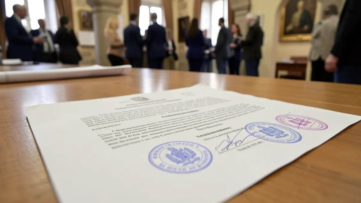 Imagen genérica de un documento oficial de decreto gubernamental con sellos y sellos, sobre un escritorio de madera. Iluminación de oficina suave y difusa. Profundidad de campo reducida, enfoque en la textura del papel y los sellos. Elementos arquitectónicos canarios sutilmente desenfocados al fondo.