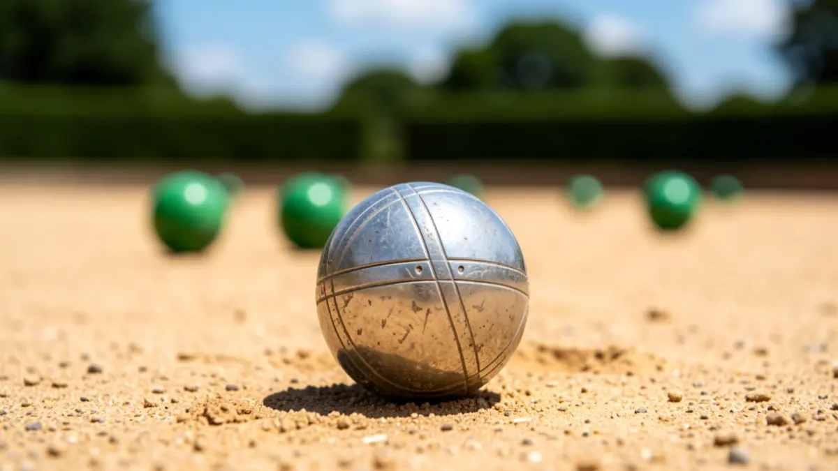 Generic image of a petanque ball on sand, with other blurred balls in the background.