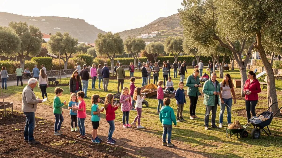 Diverse group of people participating in outdoor activities in a park on El Hierro to raise awareness about Sustainable Development Goals.