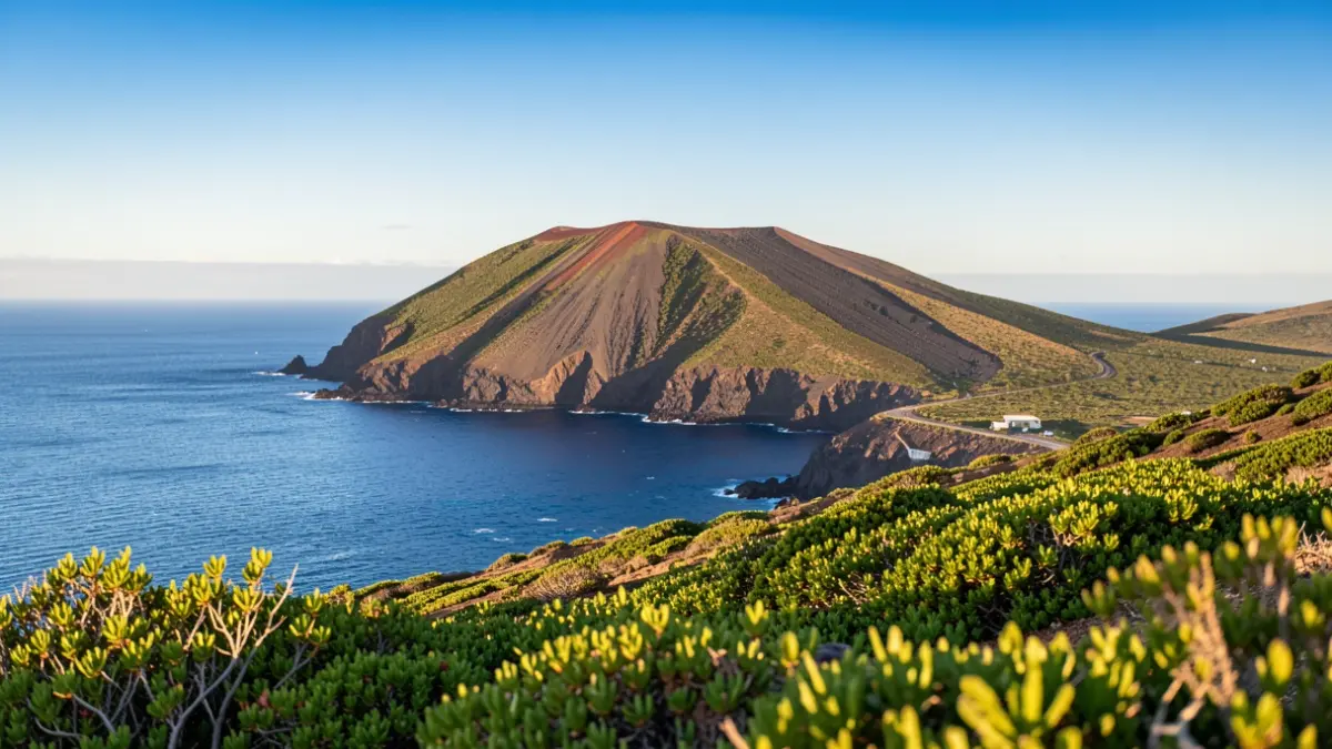 Landscape of El Hierro island showing its volcanic coast and vegetation.