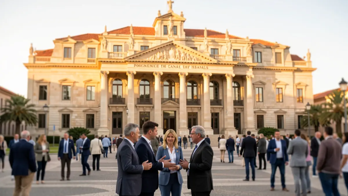 Facade of the Parliament of the Canary Islands receiving a delegation.