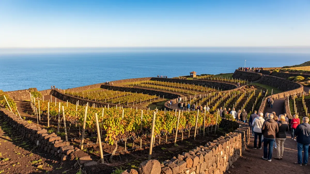 Vineyards on the volcanic slopes of La Palma with the Atlantic Ocean in the background.