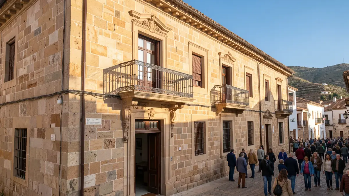 Generic image of a Canarias town hall facade with a balcony and iron railings, under the afternoon sunlight.