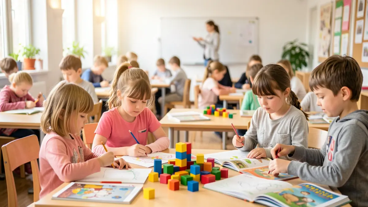 Imagen genérica de niños participando en diversas actividades educativas y lúdicas en un aula.