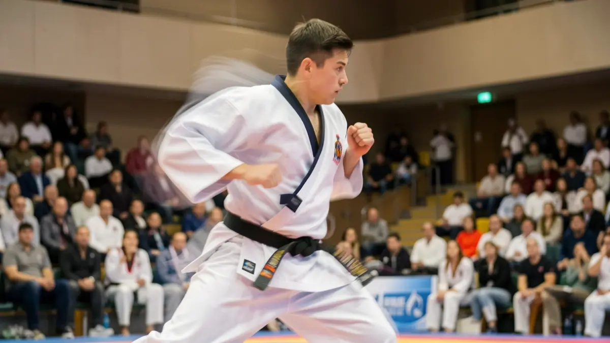 Imagen genérica de un deportista de taekwondo en plena acción de combate en una arena deportiva.