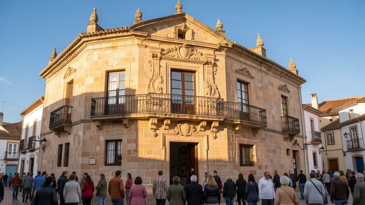 Imagen genérica de la fachada de un ayuntamiento canario con balcón y barandillas de hierro, luz de sol de la tarde, cielo azul.
