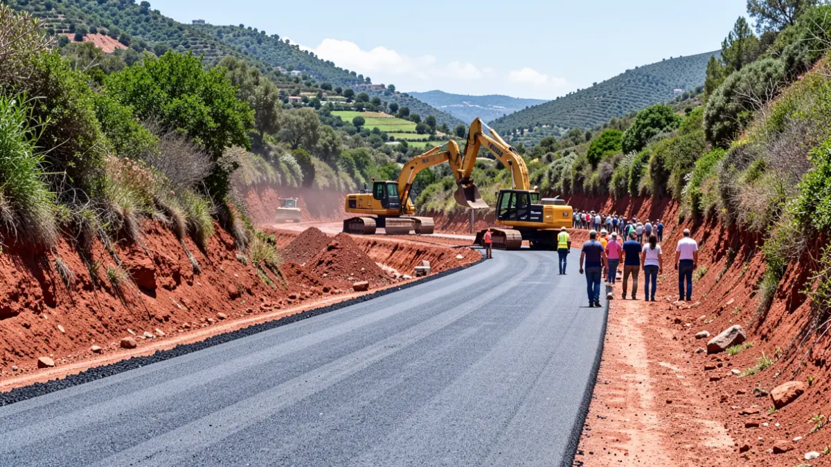 Imagen genérica de obras de asfaltado en una carretera de Canarias con maquinaria pesada y trabajadores.