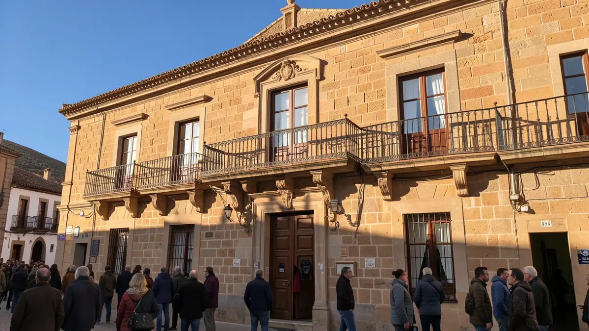 Imagen genérica de la fachada de un ayuntamiento tradicional canario con balcón ornamentado y barandillas de hierro, luz cálida de la tarde proyectando sombras sobre las paredes de arenisca, cielo azul, paisaje de Canarias.