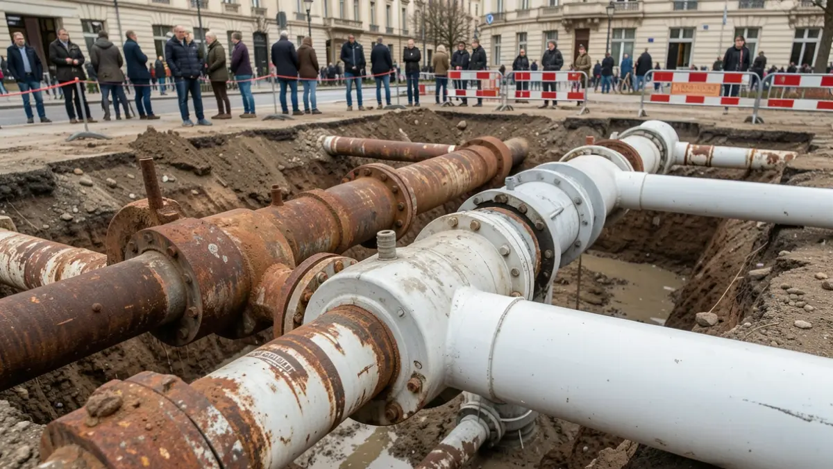 Imagen genérica de tuberías de agua antiguas y nuevas durante una obra de renovación urbana.