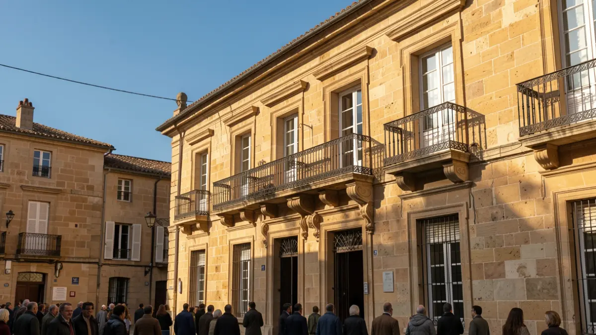 Imagen genérica de la fachada de un ayuntamiento con balcón y barandillas de hierro, luz de sol de la tarde, cielo azul.