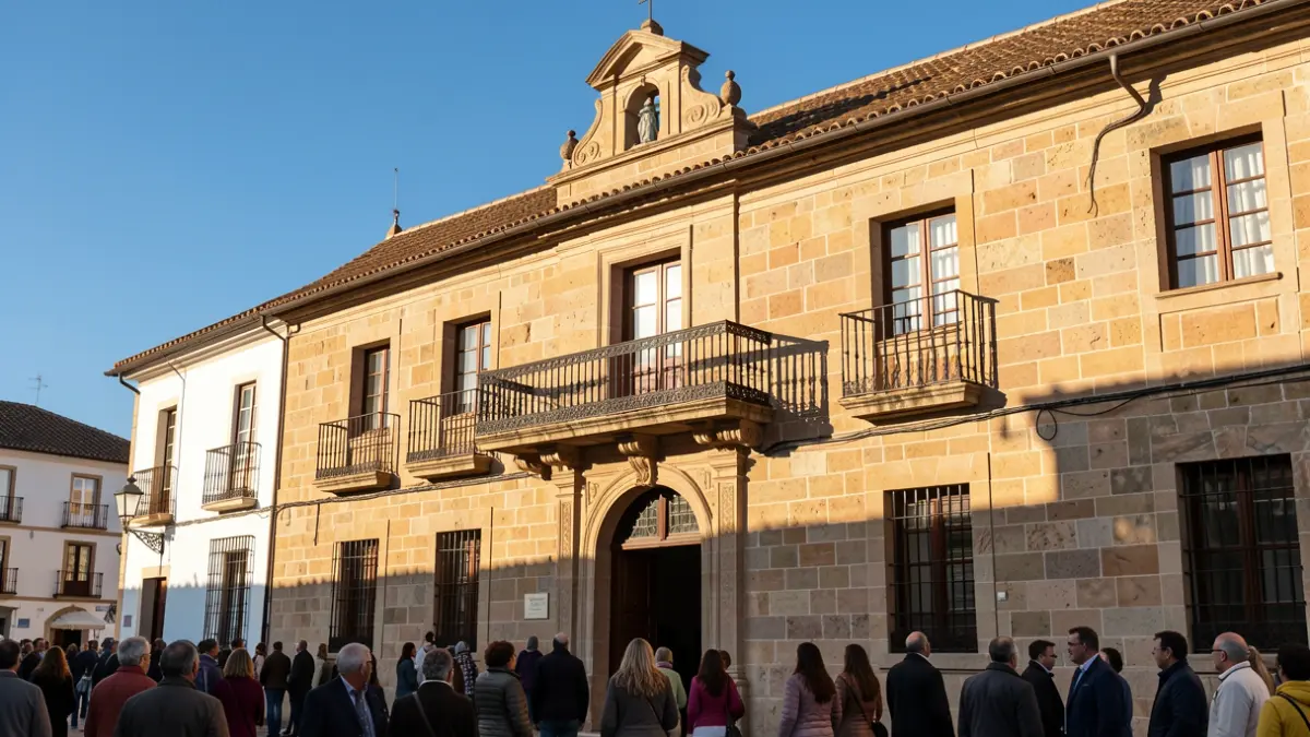 Generic image of a Canarias town hall facade with a balcony and iron railings, under warm afternoon sunlight.