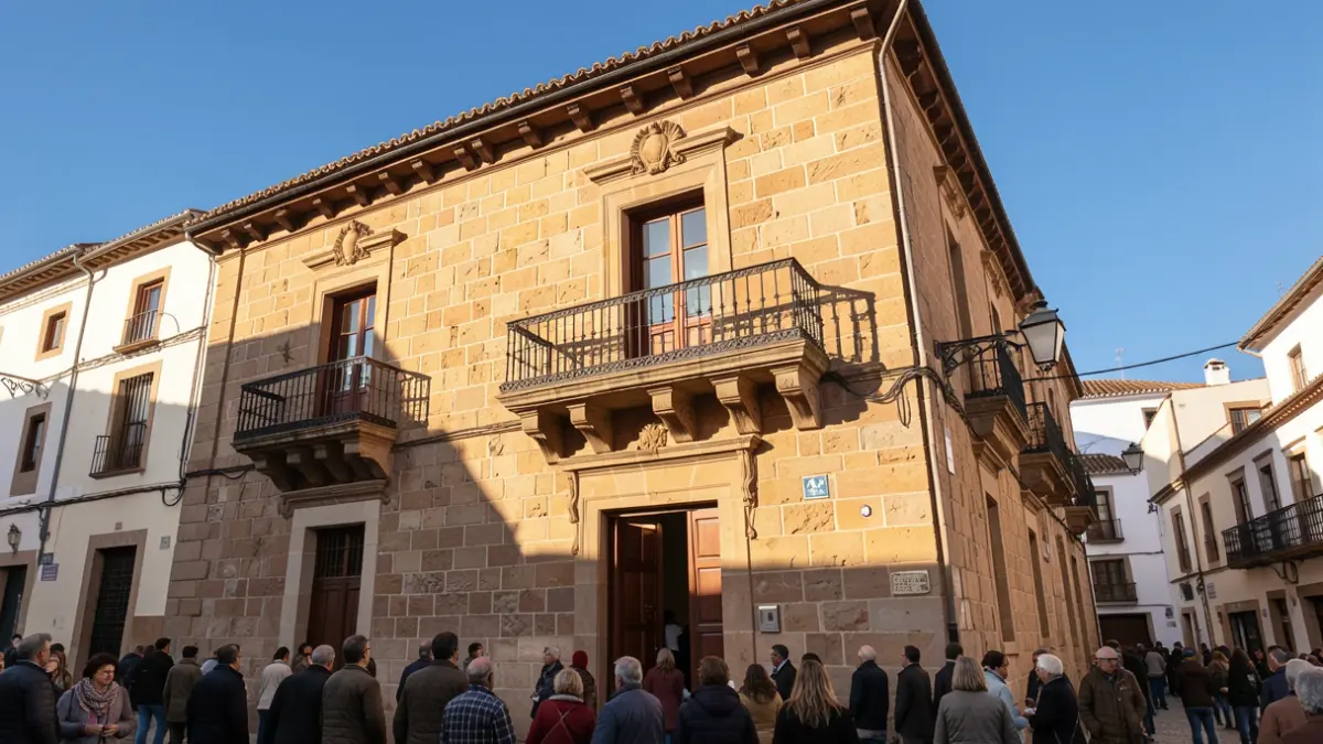 Generic image of a town hall facade with a balcony and iron railings, afternoon light, blue sky, Canarian architecture.