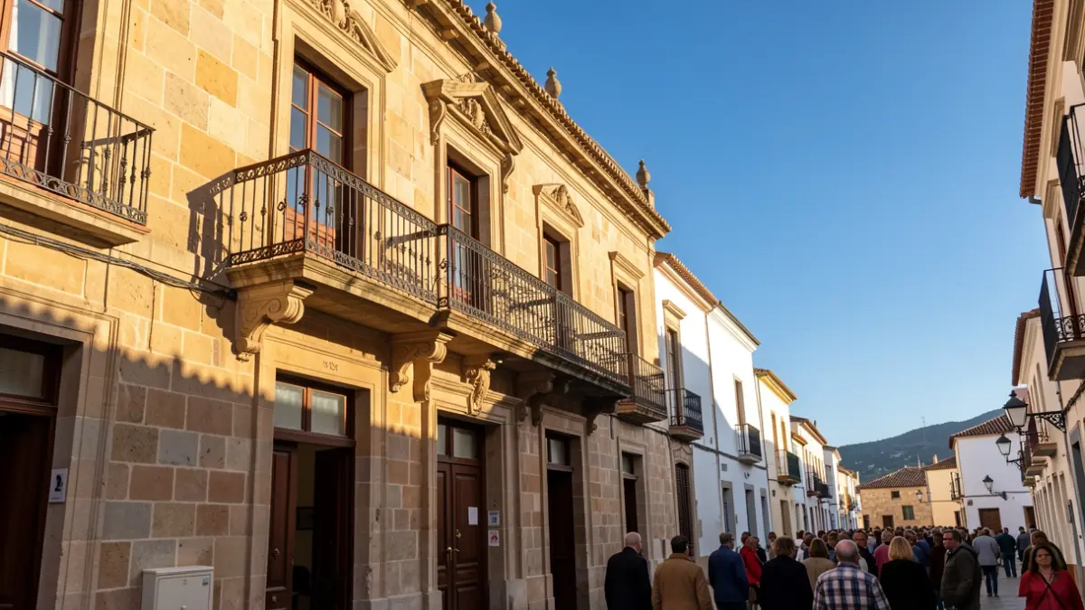 Generic image of a Canarias town hall facade with a balcony and iron railings, under the afternoon sunlight.
