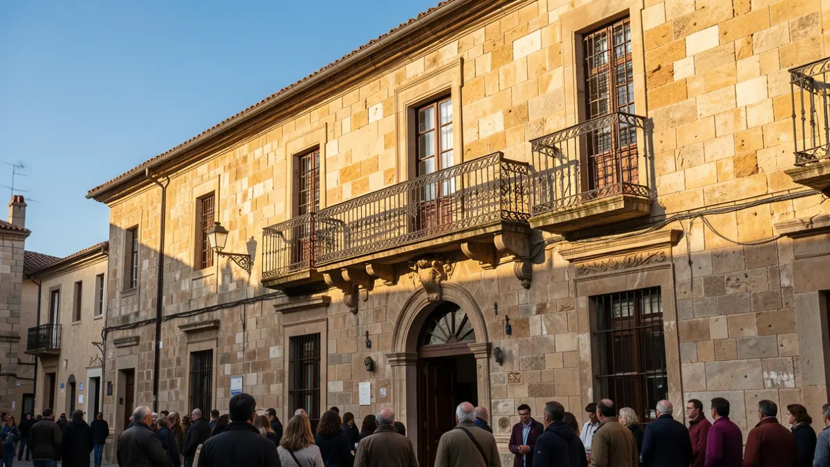 Generic image of a stone town hall facade with a balcony and iron railings, under the afternoon sunlight.