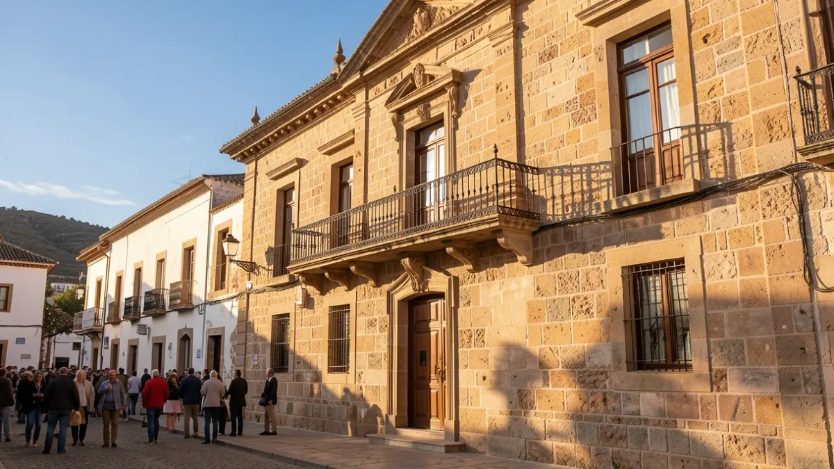 Generic image of a traditional Canarias town hall facade with a balcony and iron railings, under warm afternoon sunlight.