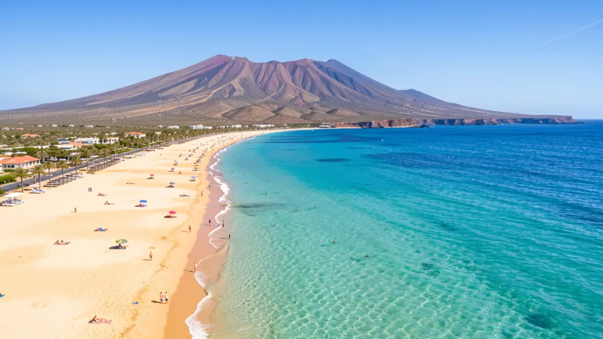 Vista aérea de una playa canaria con turistas y paisaje volcánico.